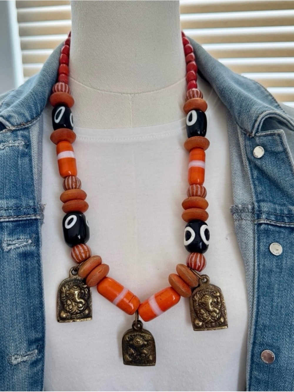 Vintage African Trade Bead Necklace - 230g Glass & Ganesha Pendant-